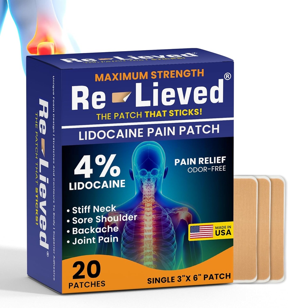 Re- Leaved 4% Lidocain Patches Maksimal styrke - Aluminium-fri, vand resistent og USA Lavet -Superior Sticking Smerte Relief Patches Hurtigt lindrer tilbage, Joins og Muskelmaling-3x6 Tommer (20 Tæller)