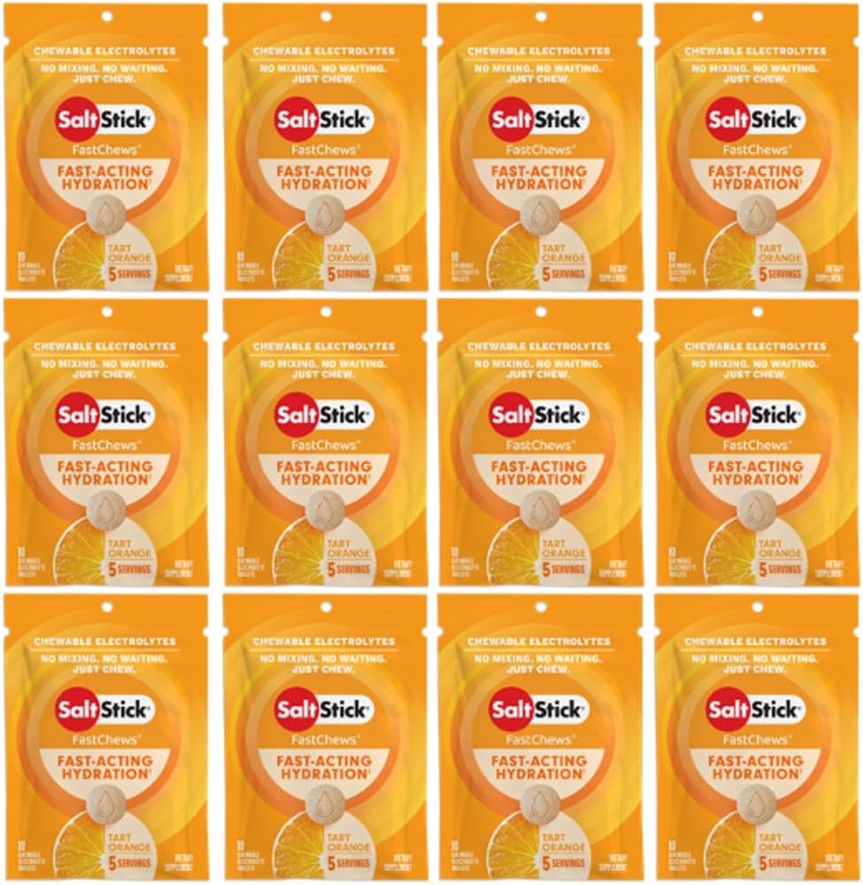 SaltStick Elektrolyte FastChews - 120 Grev Orange Flavor - Elektrolyte tabletter til hydrering, Salt Tabs - 10 Greve (pakke med 12)