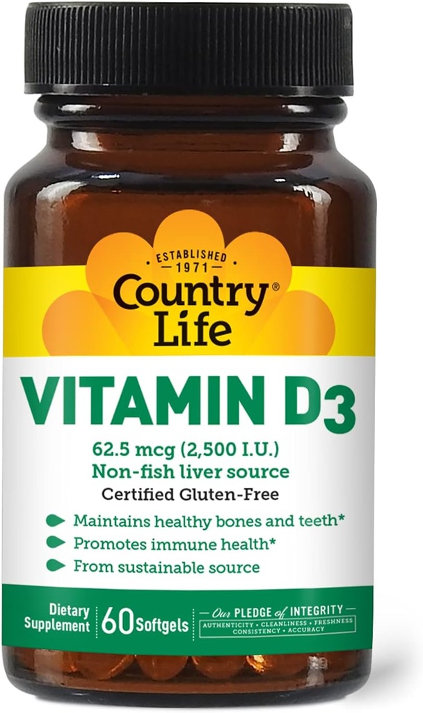 Country Life Vitamin D3 2500 I.U. Gluten- Free, 60 Softgels