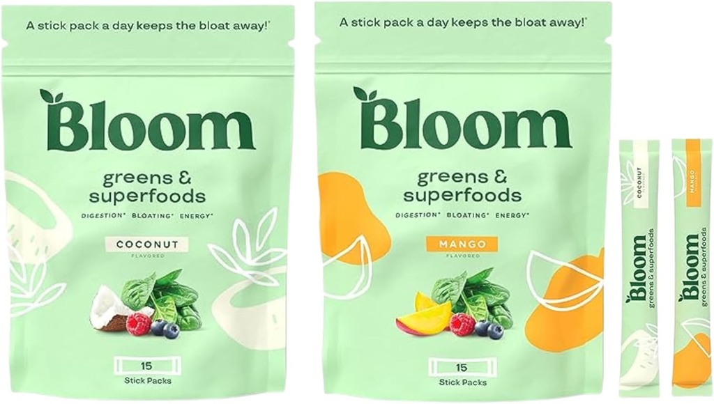 Bloom Nutrition Super Green Powder Stuffer Stick Packs Bundle - Mango & kokos