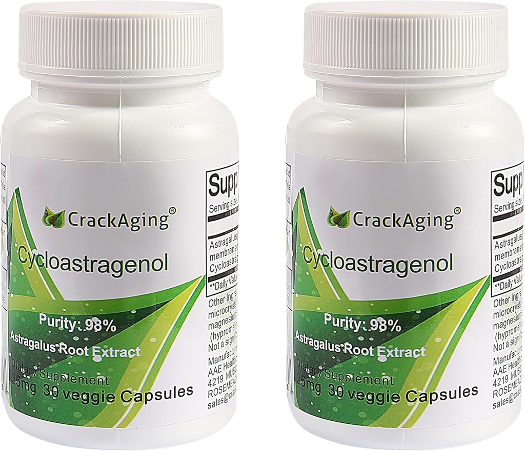 Crackaging Cycloastragenol 98% 25mg | Telomere activator Supplements | Telomere lengthening Supplements | Cell Rejuvenation | 60 Capsules in 2 Bottles