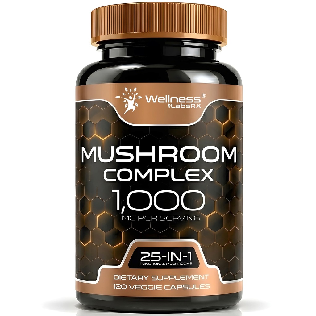 WELLENess LASSRX Mushroom Supplement Kapsler 10: 1 Uddrag, Mushroom Complex Kapsler 1000mg, Lions Mane Supplement med Tyrkiet Hale, Cordyceps, Reishi - 120 Greve