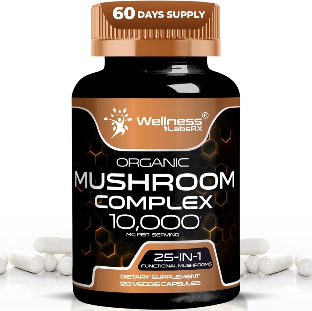 WELLENess LASSRX Mushroom Supplement Kapsler 10: 1 Uddrag, Mushroom Complex Kapsler 1000mg, Lions Mane Supplement med Tyrkiet Hale, Cordyceps, Reishi - 120 Greve