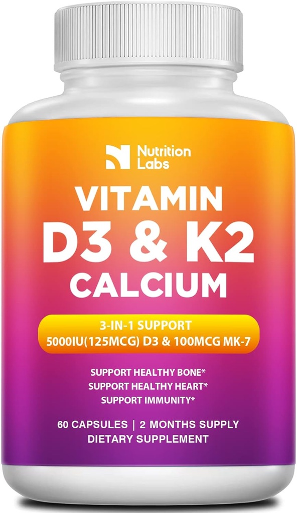 D3- vitamin K2 5000 IE tillæg med calcium, multivitaminer understøtter immunforsvar, stærke knogler, tænder og hjertefunktioner med Bioperine Black Pepper Fruit Extract 60 greve (pakning med 1)