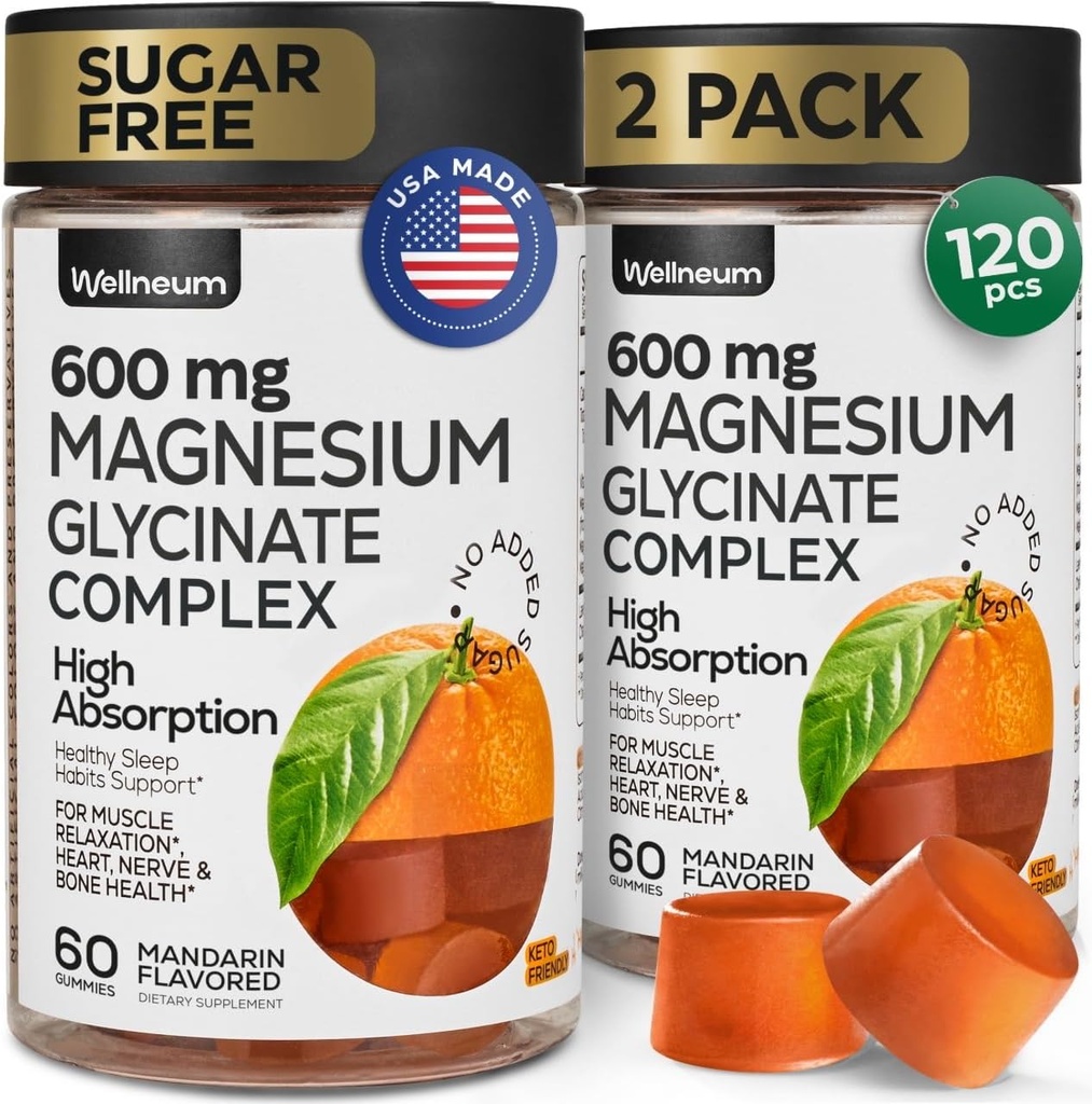 Magnesium Glycinate Gummies 600Mg 2 Pack - Høj Absorption, Triple Calm Magnesium Complex - Tygge til afslapning og søvn - Gummy tillæg med D-vitamin - Vegan, sukkerfri, Gut Friendly