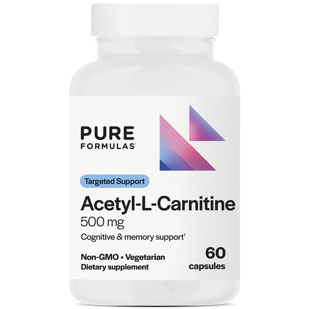 PureFormulas Acetyl L- Carnitin Cognitive & Memory Support L Carnitin Supplement for hjerne, fokus, & Calmness Alcar, 500mg Dairy Free Non- GMO 60 Kapsler