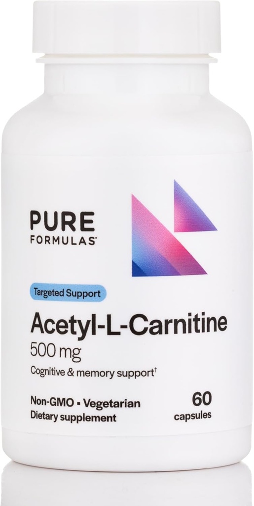 PureFormulas Acetyl L- Carnitin Cognitive & Memory Support L Carnitin Supplement for hjerne, fokus, & Calmness Alcar, 500mg Dairy Free Non- GMO 60 Kapsler