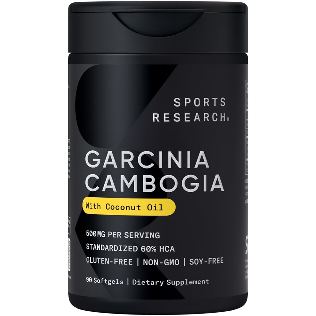 Sports Research Garcinia Cambogia Extract (60% HCA) med Extra Virgin Organic Coconut Oil Shut 124; Non- GMO, Soy & Gluten Free (90 Liquid Softgels)