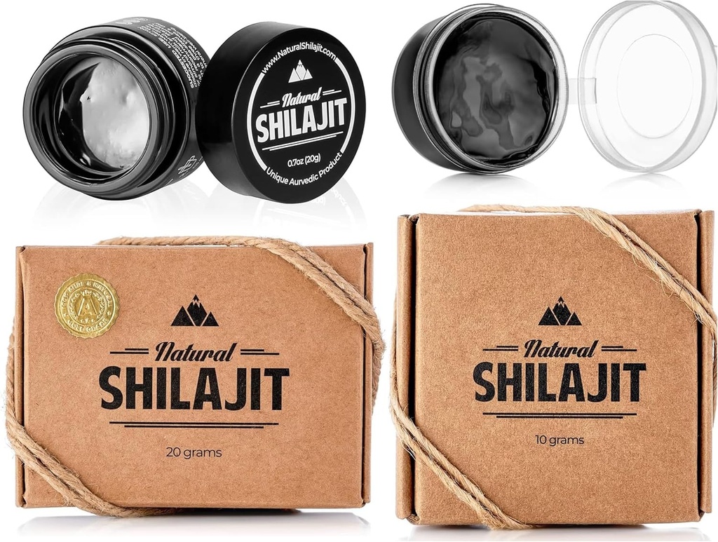NATURAL SHILAJIT Resin - Shilajit supplement med Fulvic Acid & Trace Minerals, Plant baserede næringsstoffer til energi, immunforsvar & Vitality - 20 Gram & 10 Gram