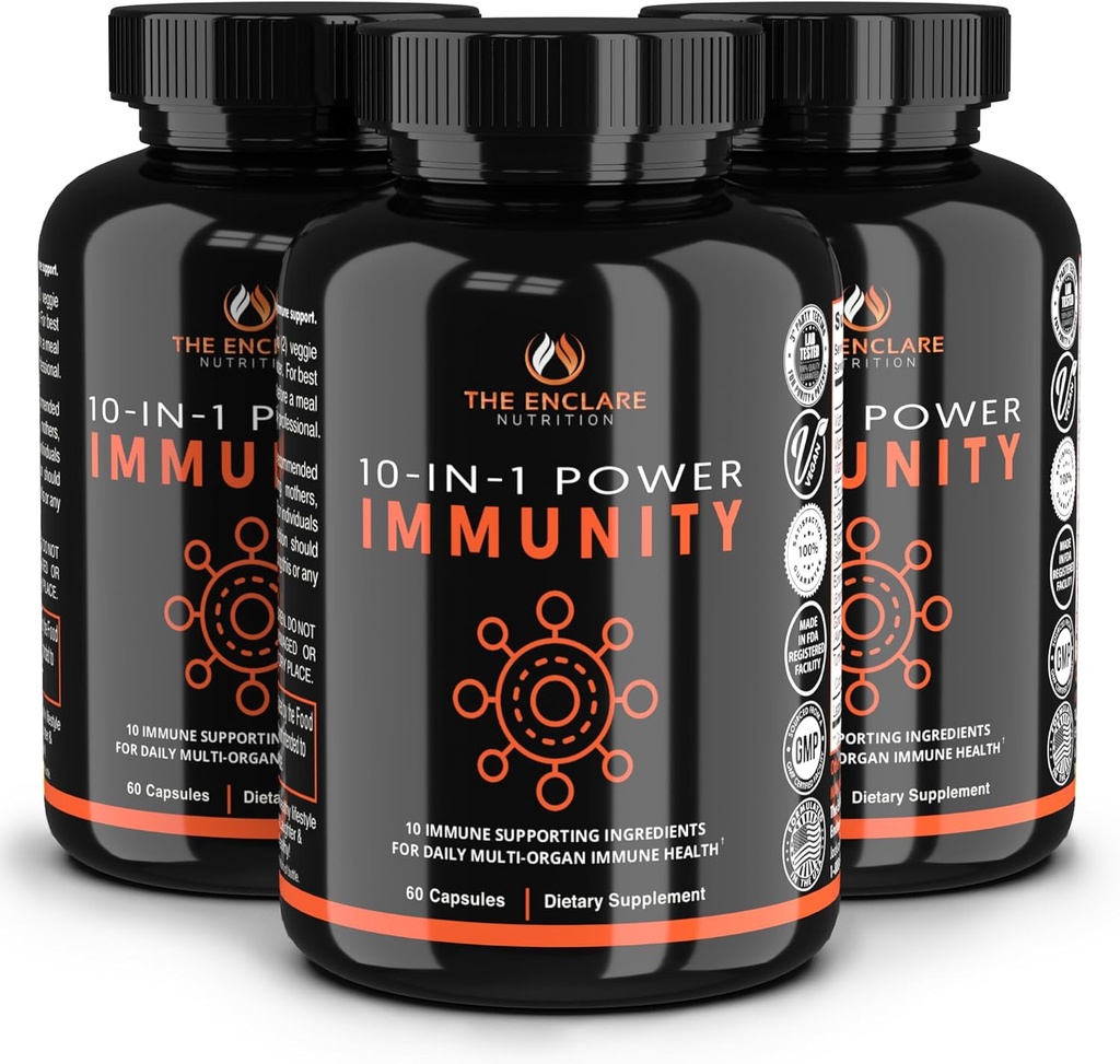 ENKLARE NUTRITION immunsupportvitaminer med C-vitamin, hyldebær, zink, Echinacea, gurkemeje, hvidløg. 10in1 Immunitetsforsvar supplement Booster for voksne. Veg kapsler 60ct (3)