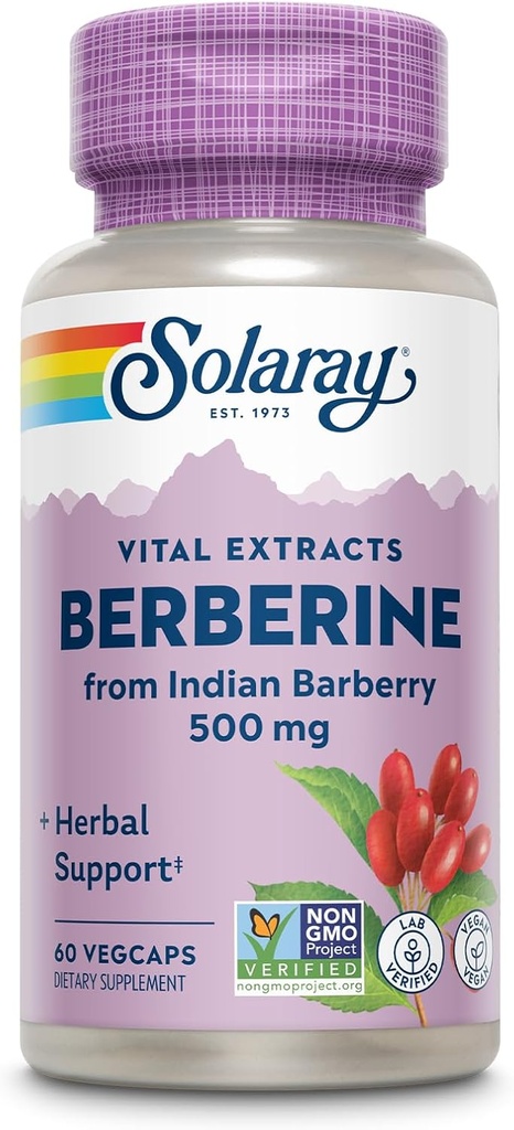 SOLARAY Berberine 500mg - Berberine supplement til en sund, aktiv livsstil - med Berberine HCl fra indiske bær - Vegan, ikke-GMO, 60- dag garanti, Lab Verified - 60 Servere, 60 VegCaps