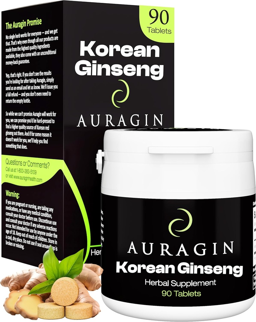 Auragin ® Autentisk koreansk rød Ginseng - Lavet i Korea - 6 års rødder - Ingen tilsætningsstoffer eller andre ingredienser - 100% rød Panax Ginseng i hver tablet