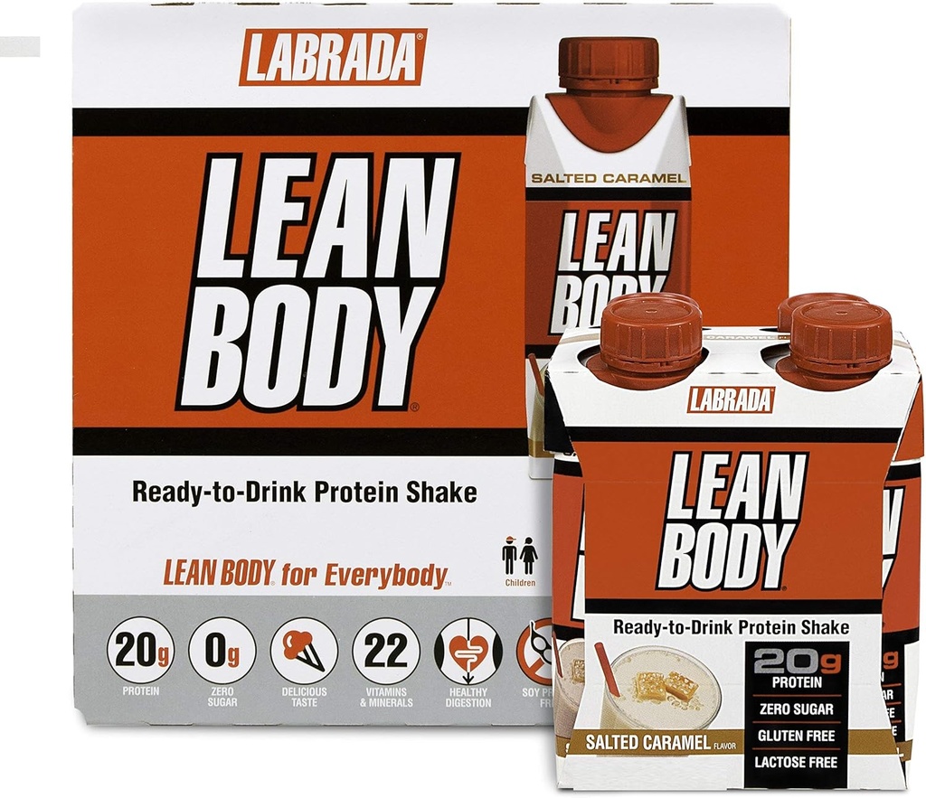 Labrada NUTRITION - Lean Body RTD Whey Protein Shake, Praktisk On- The- Go Meal udskiftning Shake for mænd og kvinder, 20 gram protein - Zero Sugar, Lactose & Gluten Free, Saltet Caramel (pakke med 16)