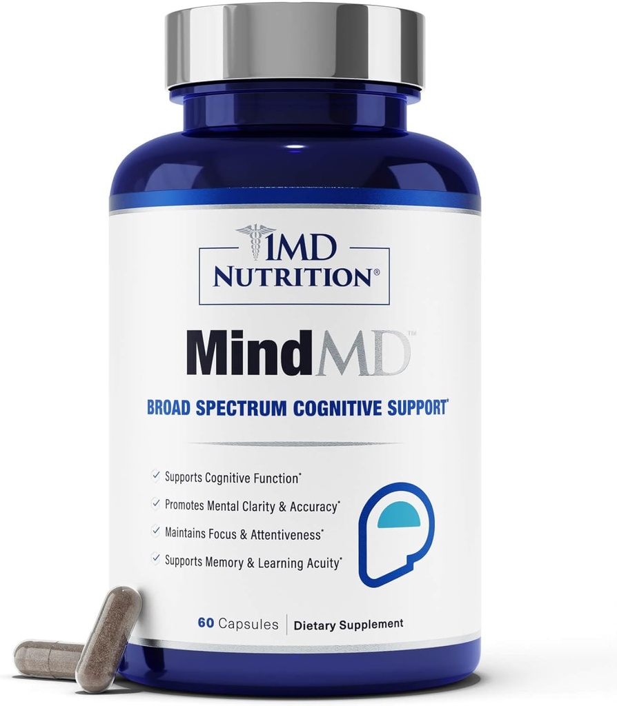 1MD Nutrition MindMD - Brain Supplement for Memory and Focus - Bacopa Monnieri til Nootrop Brain Support - Brain Health Supplement for voksne - med vitamin B6 & Green Tea Extract - 60 Caps