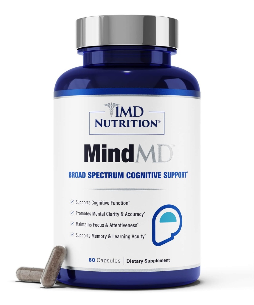 1MD Nutrition MindMD - Brain Supplement for Memory and Focus - Bacopa Monnieri til Nootrop Brain Support - Brain Health Supplement for voksne - med vitamin B6 & Green Tea Extract - 60 Caps