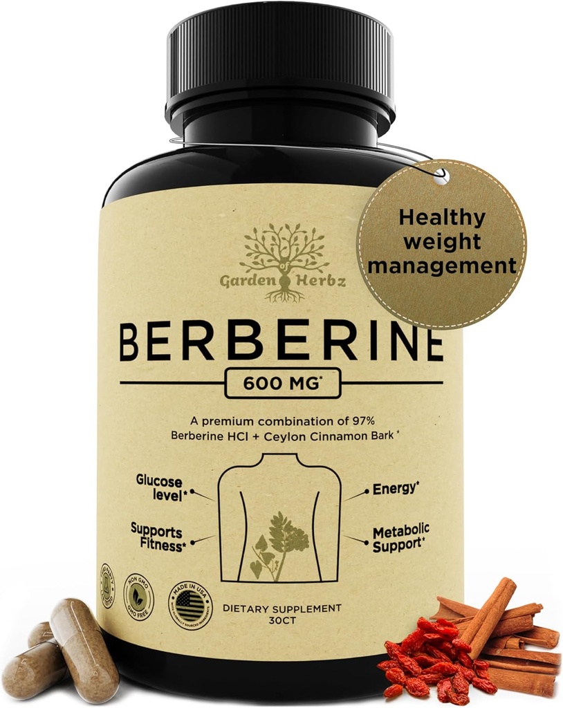 600 Mg Berberine Supplement - Berberine HCL & Ceylon kanel kapsler til kvinder & mænd - Understøtter sund vægtstyring og fordøjelse