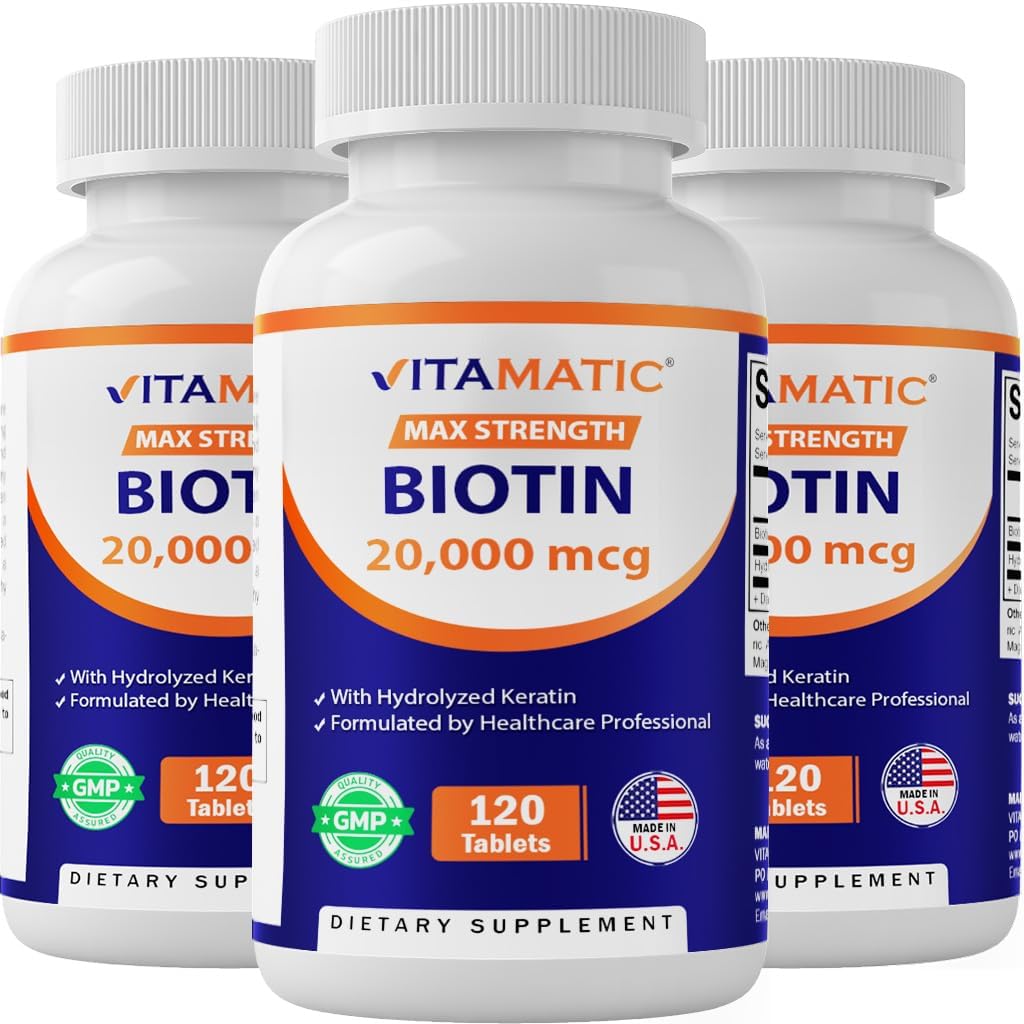 Vitamatisk høj potens Biotin 20000 mcg (20mg) med Keratin 100mg - 120 Vegetariske tabletter - Biotin Kosttilskud til sund hårhud & negle til voksne (120 Tæl (pakke med 3))