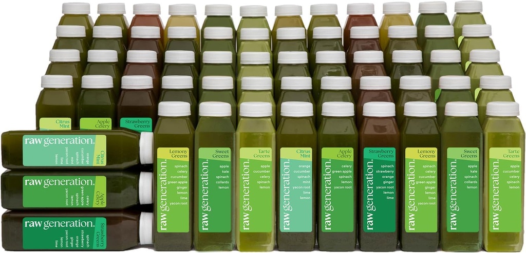 Raw Generation Deep Detox Cleanse - 10-Day Juice Cleanse med mindre sukker til vægttab, energi, Clearer Skin & Gut Sundhed - 16 Chlorophyll- pakket safter til Detox din krop og nulstille din kost (Assortation kan Vary)