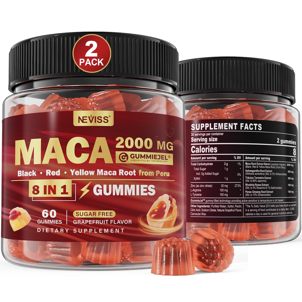 2 Pack Sugar Free Maca Root Gummies 2000mg med Ashwagandha, Tribulus Terrestris, Rhodiola, Panax Ginseng, L Arginin & L Tyrosine - Organic Black Red Yellow Maca Root til kvinder Mænd energistøtte