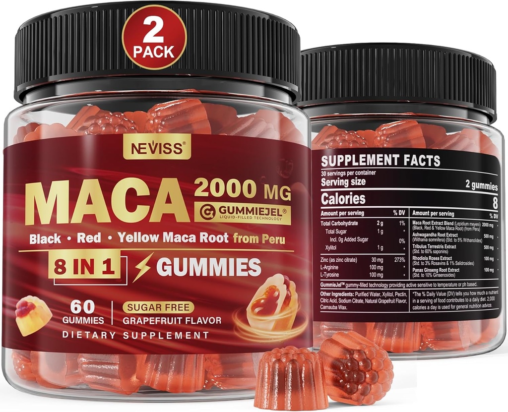 2 Pack Sugar Free Maca Root Gummies 2000mg med Ashwagandha, Tribulus Terrestris, Rhodiola, Panax Ginseng, L Arginin & L Tyrosine - Organic Black Red Yellow Maca Root til kvinder Mænd energistøtte