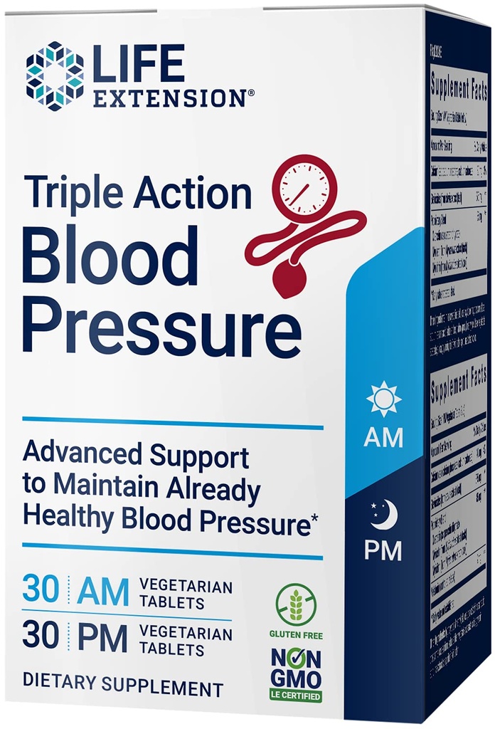 Life Extension Triple Action Blood Pressure, Heart Health Supplement, quercetin, stevia Extract, melatonin, Morgen og nat support, Gluten- Free, Non- GMO, Vegetar, 60 tabletter