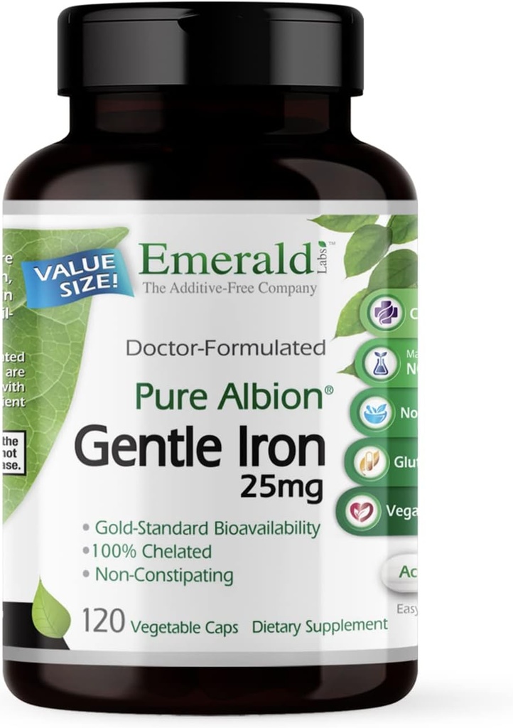 Emerald Labs Gentle Iron 25mg - Ferrobisglycinat - Chelat jern supplement, der understøtter energi, øje, immunforsvar og hjerte sundhed - 120 vegetabilske kapsler (120- Day Supply)