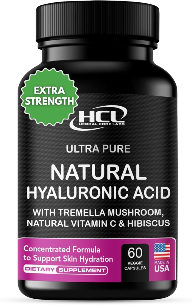 Natural Hyaluronic Acid Supplement 5X Stronger Hydration Pills from Pure Tremella Mushroom with Vitamin C & Hibiscus - Skin Supplement Anti Wrinkle Dietary Capsules - hair nails vitamins
