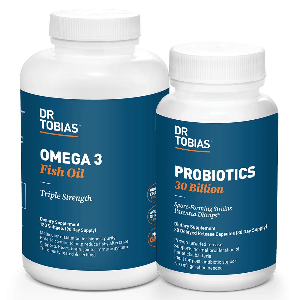 Dr. Tobias Probiotika 30 milliarder og Omega 3 Fish Oil (2000 mg) til fordøjelsesstøtte & Samlet sundhed