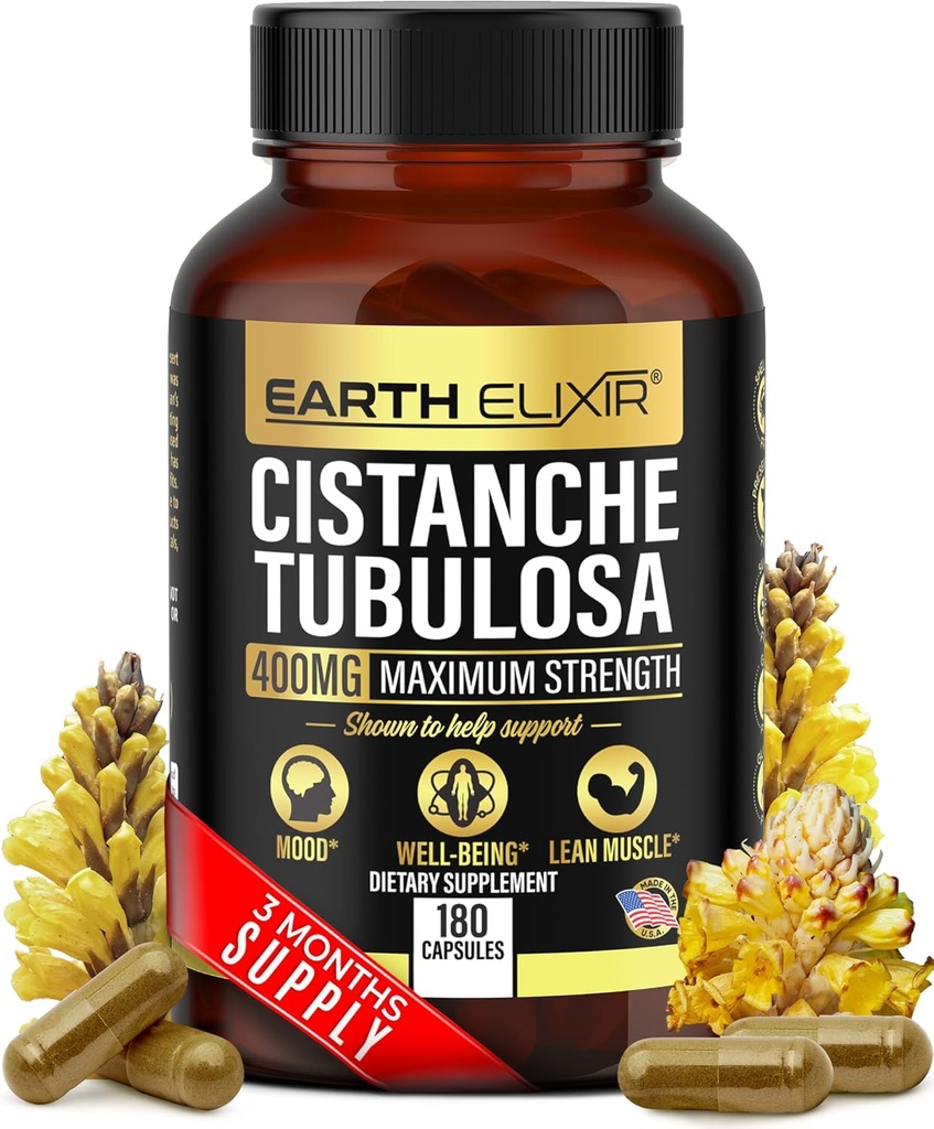 Earth Elixir Cistanche Tubulosa 400 mg (180 kapsler) 3 Months Supply - Made in USA - 3rd Party Tested - Cistanche Supplement - Zero Fillers - Max Renhed - Nootropics - 100% Pure Cistanche Herb