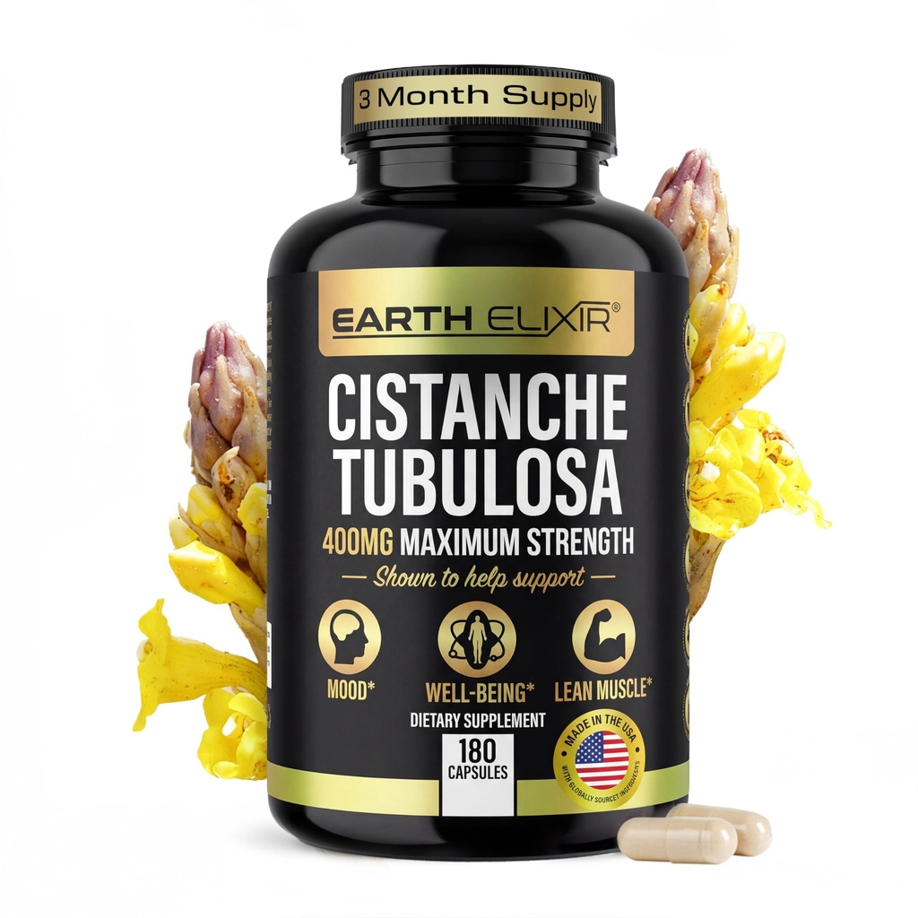 Earth Elixir Cistanche Tubulosa 400 mg (180 kapsler) 3 Months Supply - Made in USA - 3rd Party Tested - Cistanche Supplement - Zero Fillers - Max Renhed - Nootropics - 100% Pure Cistanche Herb