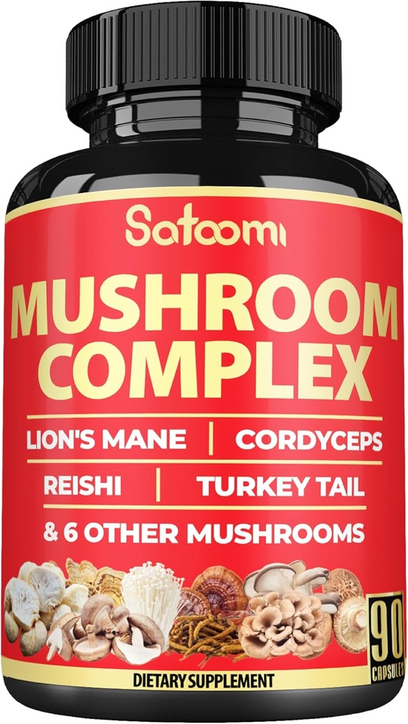 Satoomi 90 Kapsler - 10in1 Tyrkiet Hale Supplement med Lions Mane, Tyrkiet Hale Mushroom, Reishi Mushroom & andre - for 90 dage