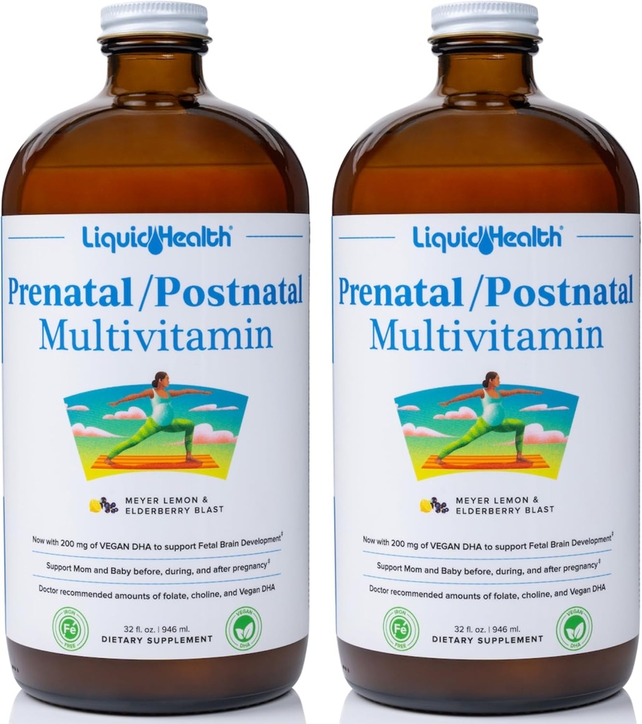 LIQUIDSUNDHED Prenatal / Postnatal multiple Liquid Women 's Multivitamin with Real Folate - Pre & Postnatal Vitaminer for Før, Under, Efter graviditet - Made in USA, Vegan, Sukkerfri, Non- GMO (2 Pack)