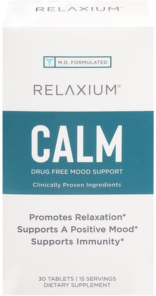 Relaxium Calm, Non- Habit Forming, Stress og Mood Support, Elevate Mood & Boost Afslapning med Ashwagandha, 5-HTP, GABA, Passion Flower, (30 tabletter, 2 uger Supply)