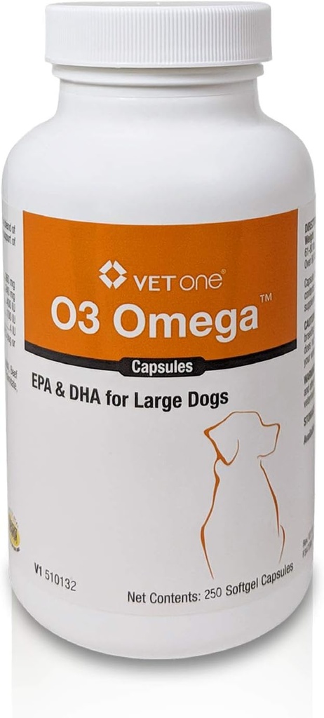VetOne O3 Omega Soft Gel til store hunde - Essential Fedtsyreunderstøttelse - Skin & Coat supplement - 250 kapsler