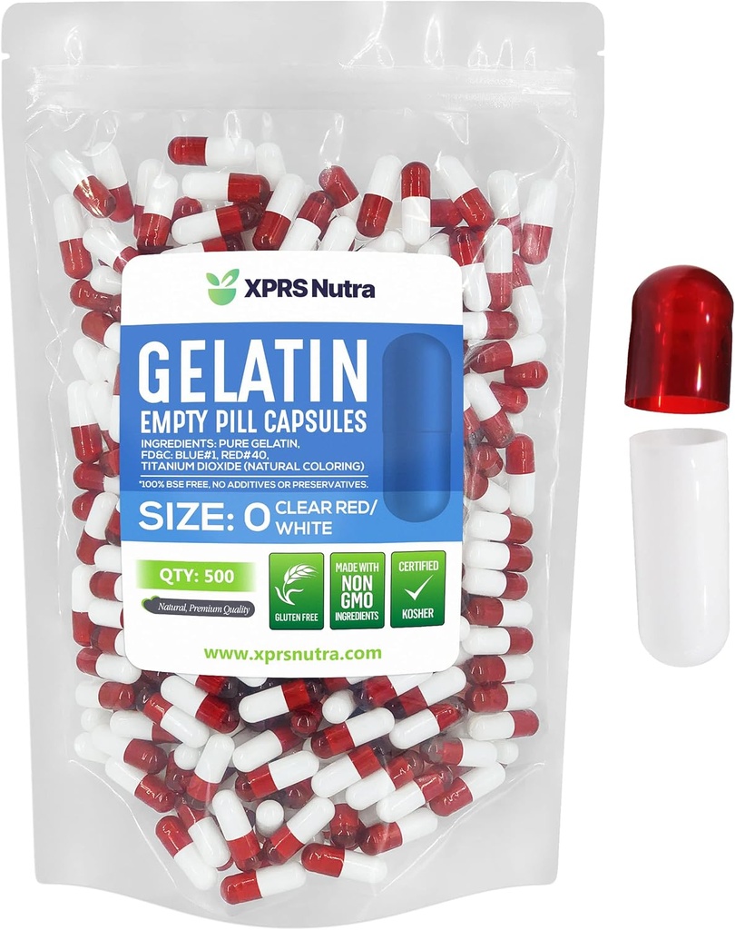 XPRS Nutra Størrelse 0 Tomme kapsler - 500 Tomme Gelatine kapsler - DIY Capsule Filling - Pure Bovin Pill Gel Caps til Do- It- Yourself Kosttilskud (Clear Red / White)