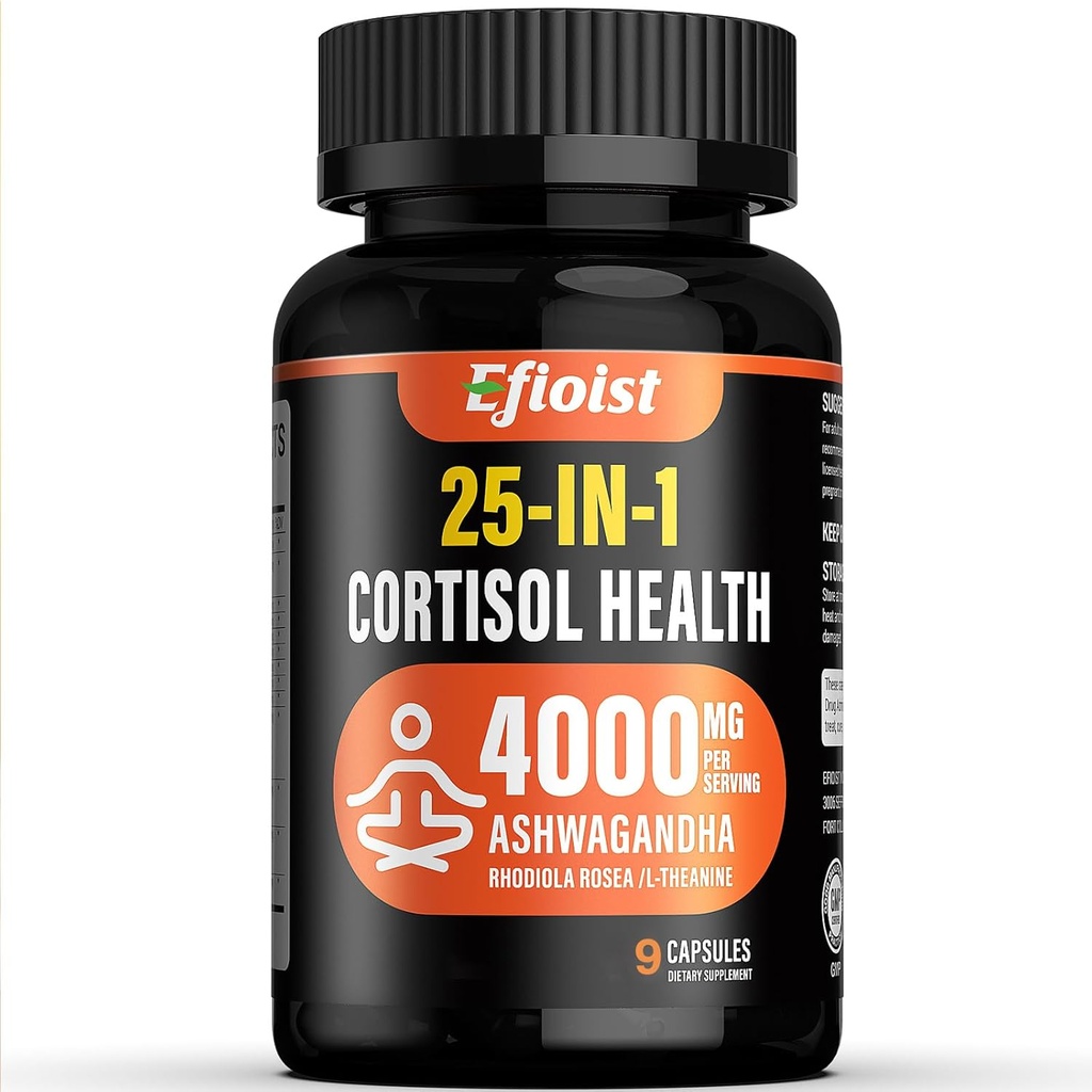 Cortisol Health Supplement, 25- in-1 Cortisol Reducer for kvinder & mænd, Cortisol Kosttilskud til med Ashwagandha, Rhodiola Rosea, L- Theanin, 9 Kapsler