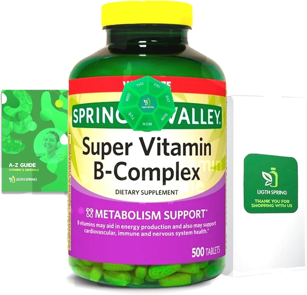 2 Pakke- Light Spring Super B- Complex tabletter - Vitamin B6, B12, C, Thiamin, Biotin - Gluten- Free, Komplet Kosttilskud med lys & Spring Guide - Understøtter energi & Immunitet