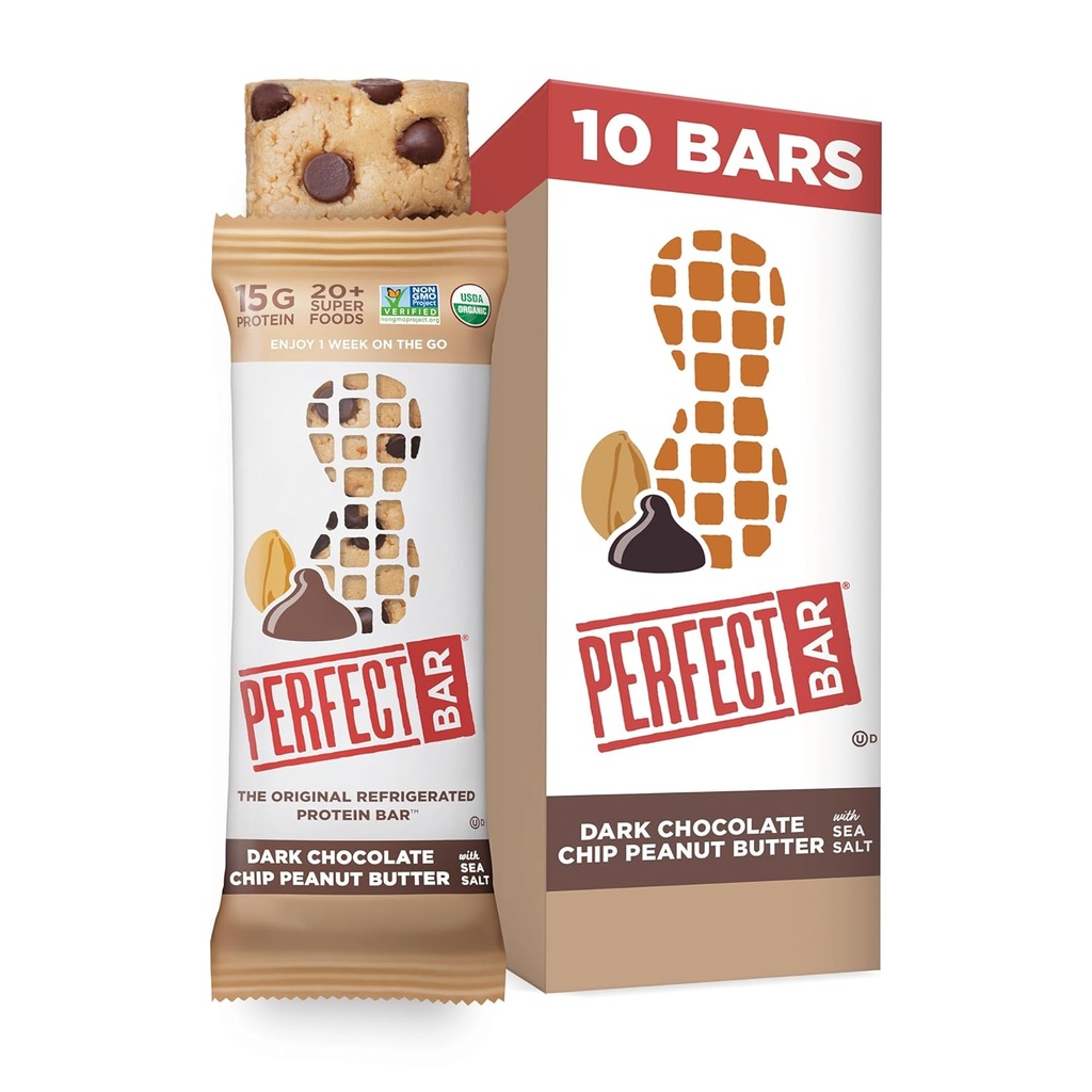 Perfect Bar, Dark Chocolate Chip Peanut Butter Protein Bar, High Protein, Organic, Gluten Free, Soy Free, Non GMO, No Sugar Alcohols, 2.3 Ounce Bar, 10 Greve