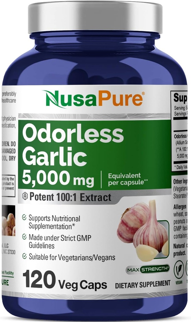 NusaPure Odorless Hvidløg 100: 1 Extract, 50 mg Ækvivalent med 5000mg Kapsler