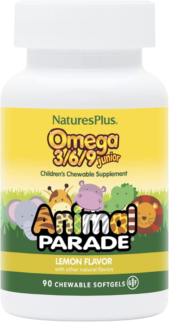 Natures Plus Animal Parade Omega 3 / 6 / 9 Junior, Lemon Flavor - 90 Softgels - fremmer børns immunforsvar, hud, øje & nervesystem sundhed - non-GMO, Gluten Free - 45 Serveringer