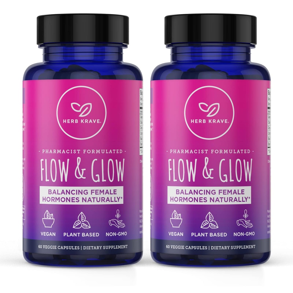 Flow and Glow Natural Hormone Balance for Women - PMS & Menopause Relief for kramper, Mood Swings & Night Sweats med Donq Quai & Black Cohosh for Menopause - 60 Veganske kapsler (2 Pack)