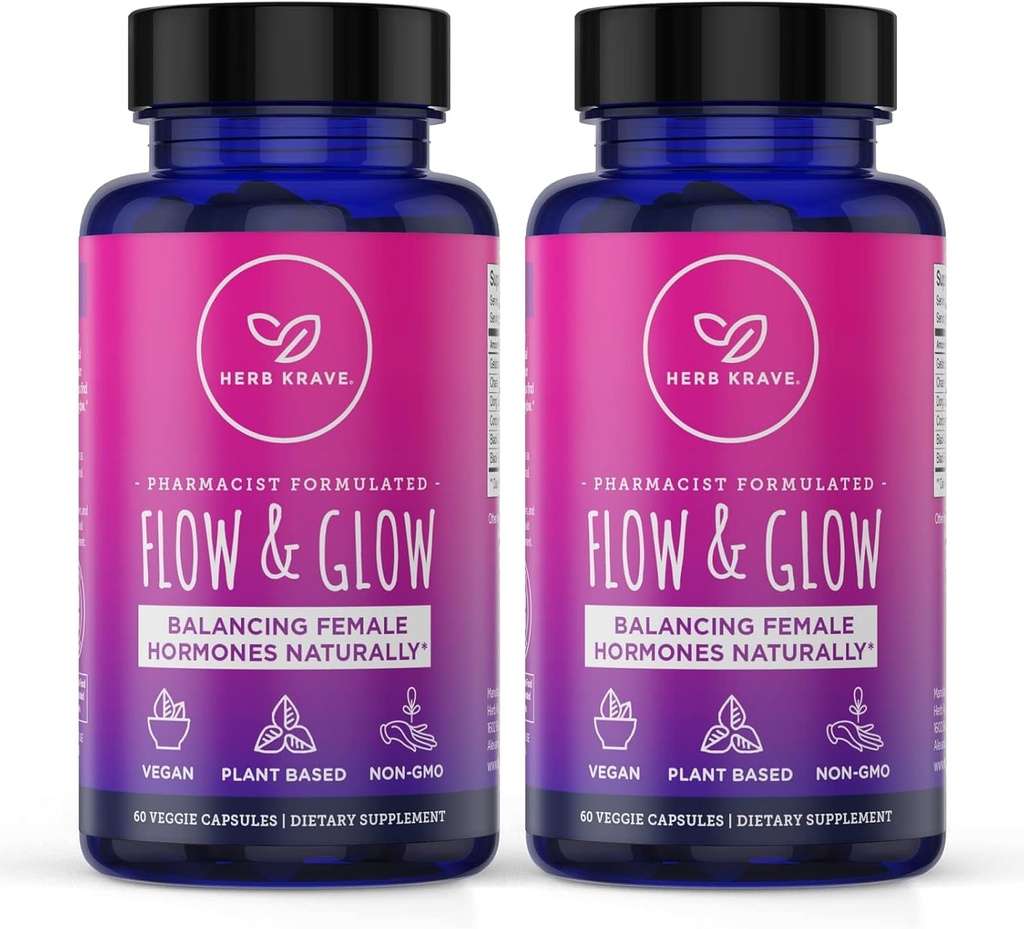 Flow and Glow Natural Hormone Balance for Women - PMS & Menopause Relief for kramper, Mood Swings & Night Sweats med Donq Quai & Black Cohosh for Menopause - 60 Veganske kapsler (2 Pack)