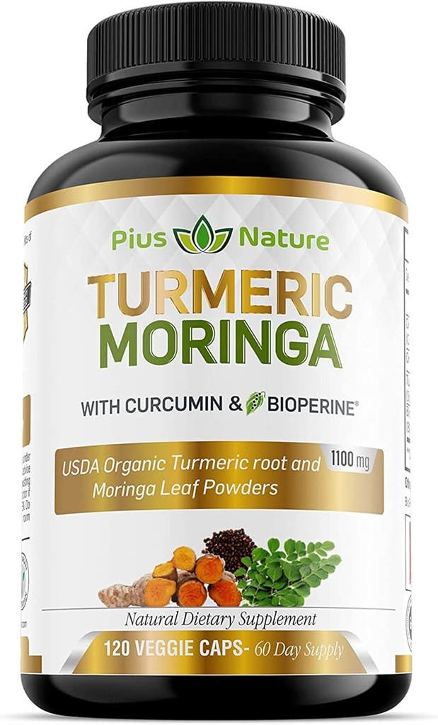 Gurkemeje Moringa - Økologisk Gurkemeje Curcumin Kosttilskud og Økologisk Moringa Pulver - 120 Veggie Kapsler Supplement for kvinder og mænd
