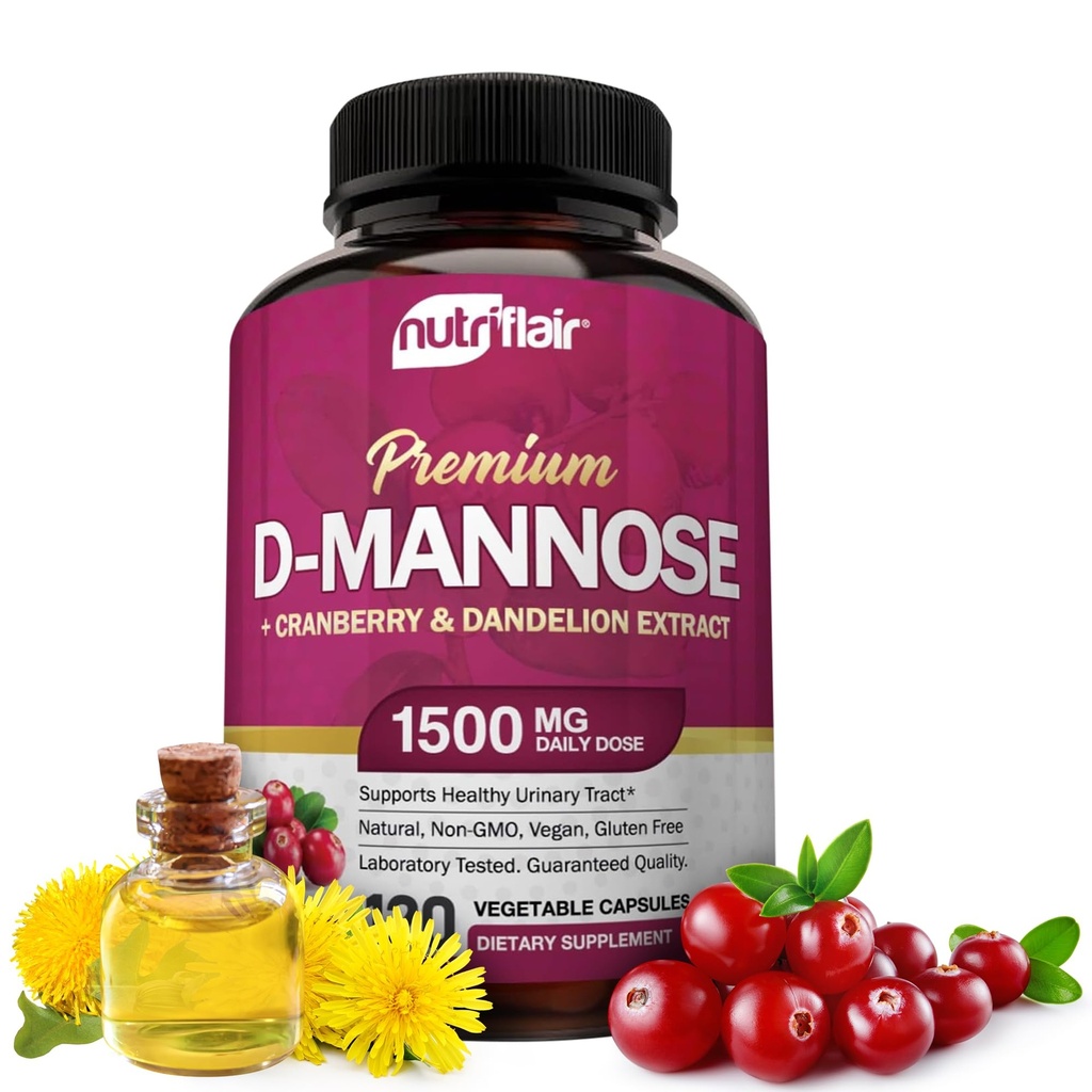 NutriFlair D- Mannose 1200mg, 120 Kapsler - med Cranberry og Mælkebøtte Extract - Natural Urinary Tract Health UTI Support - Best D Mannose Powder - Flush Urenheder, Detox Body, for kvinder og mænd