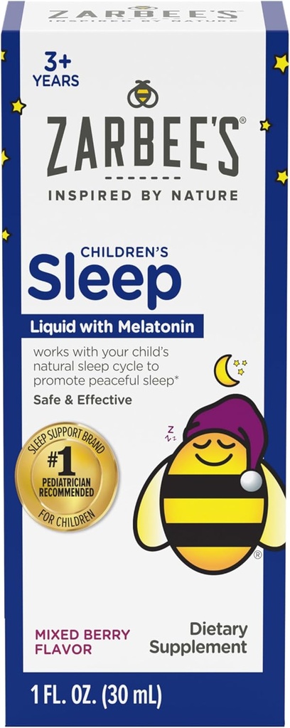 Zarbee 's Kids Melatonin Sleep Supplement Flydende, 1 mg Melatonin, Drug- Free & Effektiv, Let at tage Natural Berry Flavor til børn i alderen 3 og op, 1 Fl Oz flaske