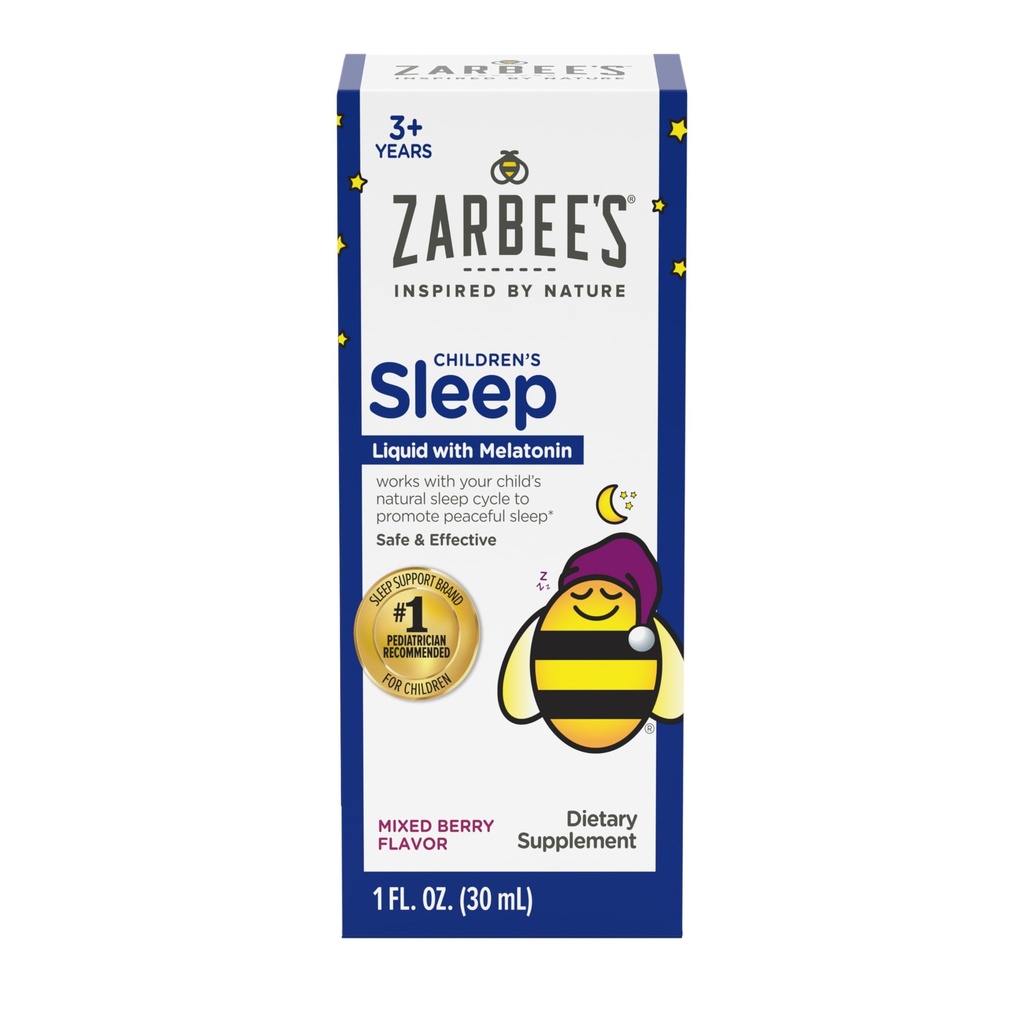 Zarbee's Kids Melatonin Sleep Supplement Liquid, 1mg Melatonin, Drug-Free & Effective, Easy to Take Natural Berry Flavor for Kids Ages 3 and Up, 1 Fl Oz Bottle