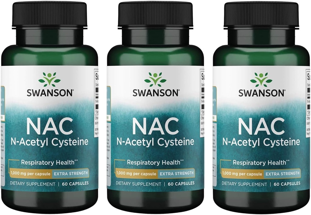 Swanson NAC N- Acetylcystein - Antioxidant Anti- Aging Respiratorisk Leverstøtte - Aminosyre Supplement 1000 mg 60 kapsler (3 stk.)