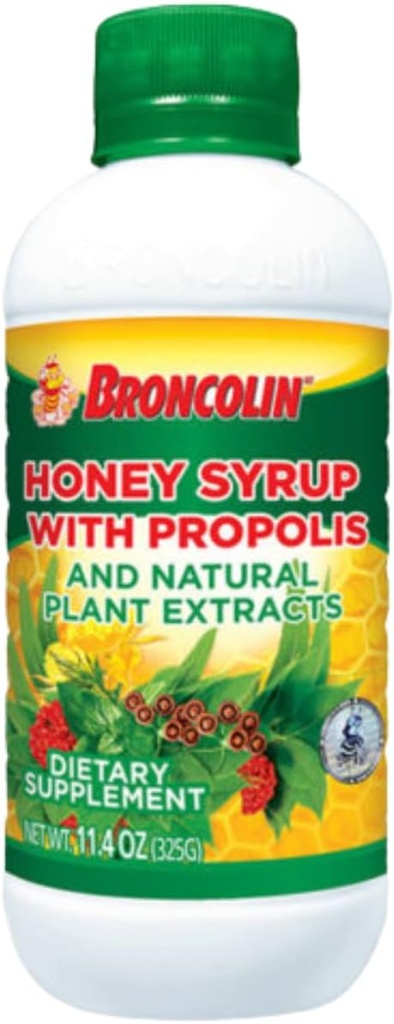 Broncolin honning Syrup med Propolis, Syrup med naturlige plante ekstrakter til genopfrisk din hals, naturlige ingredienser, Elderberry, Eucalyptus, pebermynte olie, 11.4 Oz, Flaske