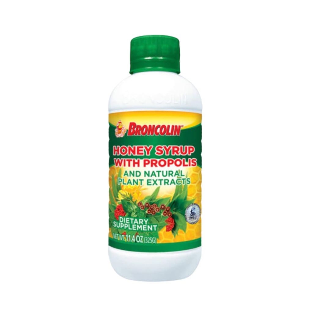Broncolin honning Syrup med Propolis, Syrup med naturlige plante ekstrakter til genopfrisk din hals, naturlige ingredienser, Elderberry, Eucalyptus, pebermynte olie, 11.4 Oz, Flaske