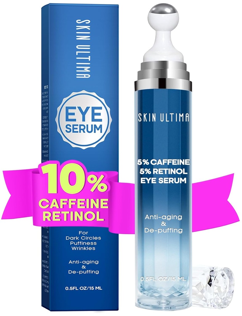 5% Koffein 5% Retinol Eye Cream til mørke cirkler, Puffiness og poser, Hyaluronsyre og Niacinamid Under Eye Cream Anti Aging, Eye Serum til fine linjer, 360 ° Eye Massage Ball Roller